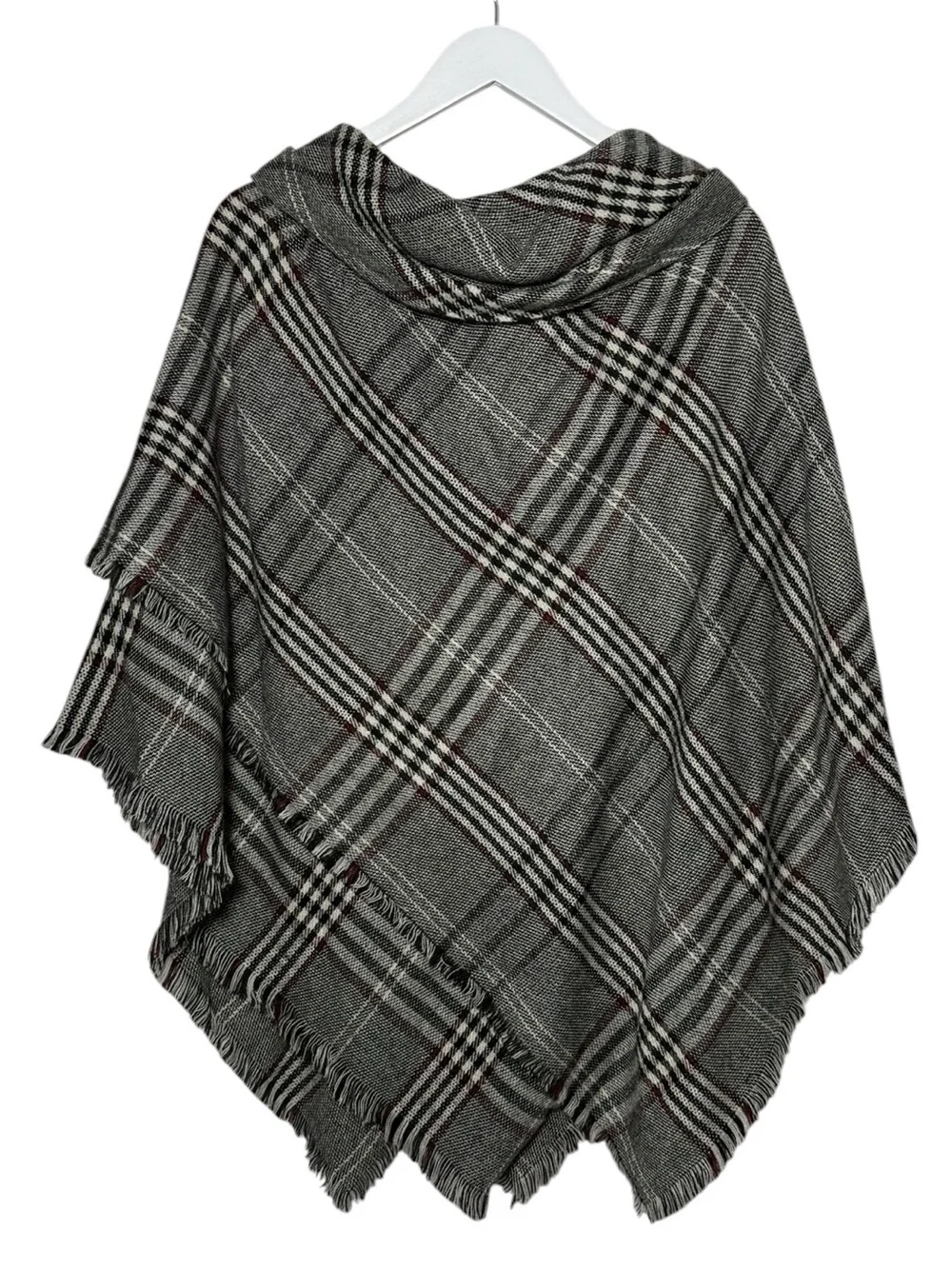 Modena Plaid Poncho Cape Shawl Fringe Cowl Neck Toggle Closure Gray One Size